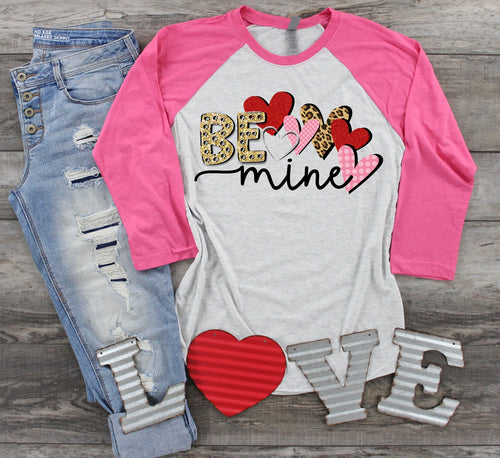 Be Mine Valentine's Day Raglan, Pink Red Leopard Print Valentine's Raglan