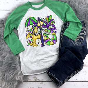 Happy Mardi Gras Raglan, Purple Green and Gold Mardi Gras Icons Raglan