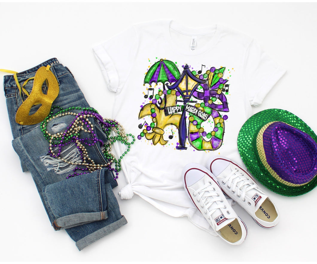 Happy Mardi Gras T-Shirt, Purple Green and Gold Mardi Gras Icons