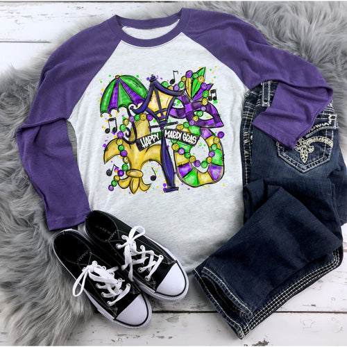 Happy Mardi Gras Raglan, Purple Green and Gold Mardi Gras Icons Raglan