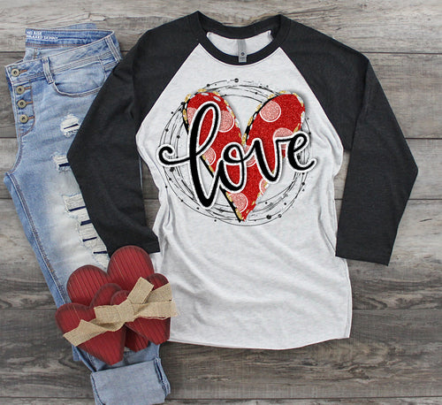 Valentine's Day Love Heart, Red Pink Gold Glitter Print Raglan