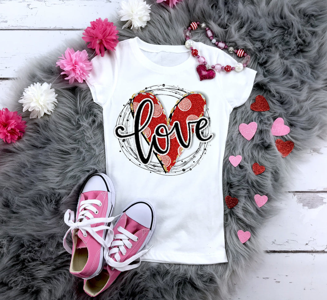 Valentine's Day Love Heart, Red Pink Gold Glitter Print T-Shirt