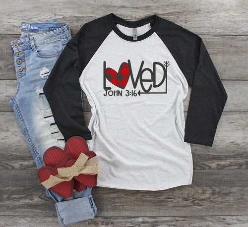 Valentine's Day Buffalo Plaid Loved John 3:16 Raglan