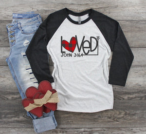 Valentine's Day Buffalo Plaid Loved John 3:16 Raglan