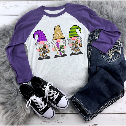 Mardi Gras Gnomes Raglan with Leopard Print Fleur De Lis Raglan