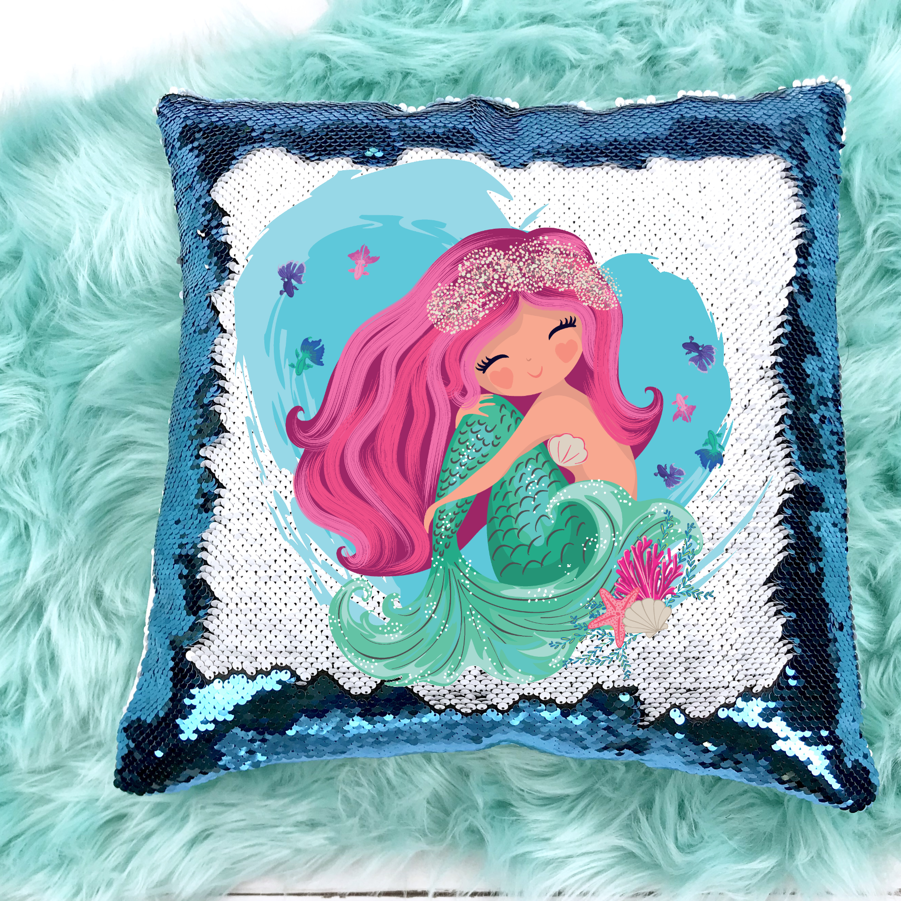 Mermaid Design Printed Sequin Pillow Case Press Forward Printing
