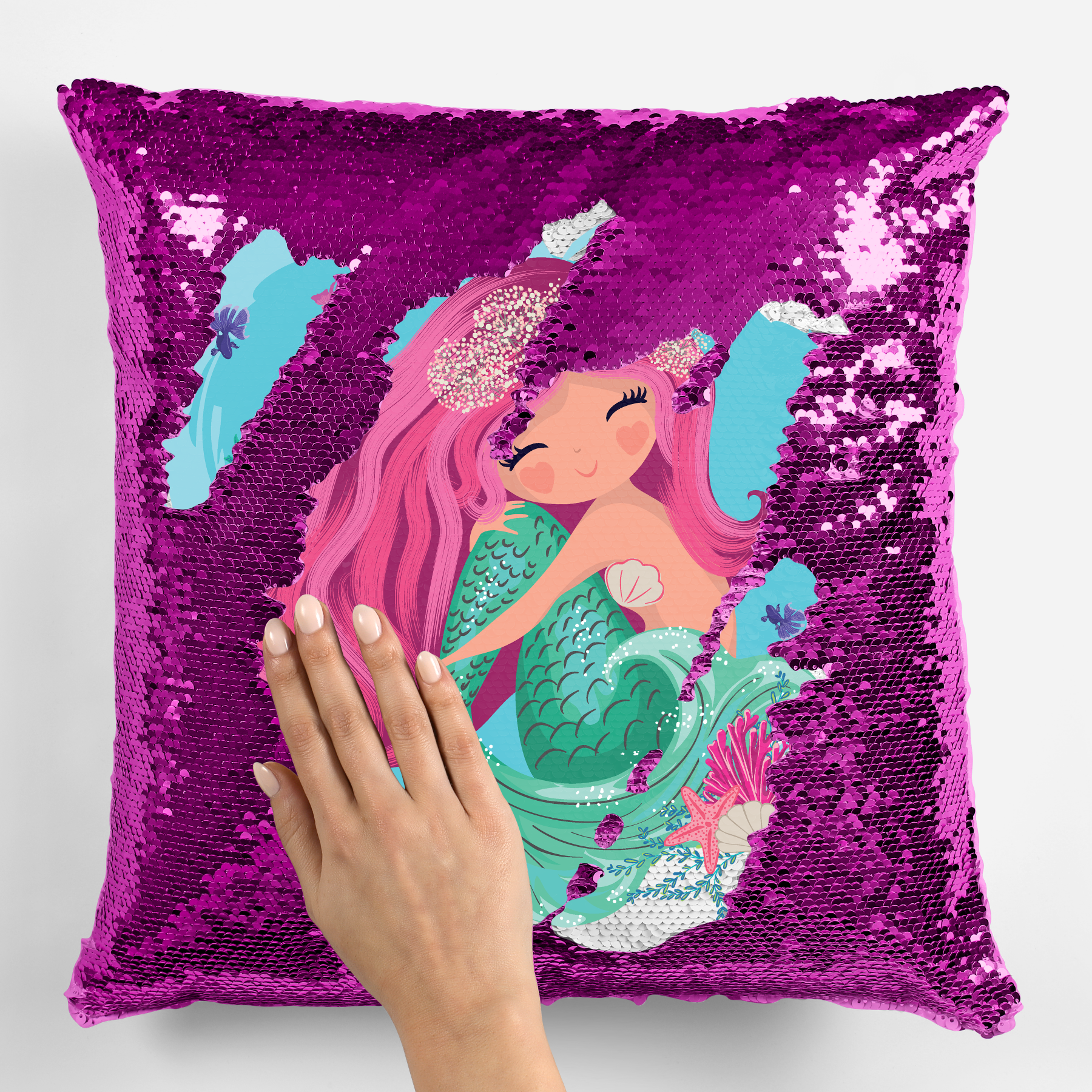 Mermaid Design Printed Sequin Pillow Case Press Forward Printing