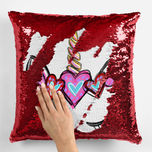 Valentine's Day Unicorn with Red Pink Purple Hearts Sequin Pillow Case