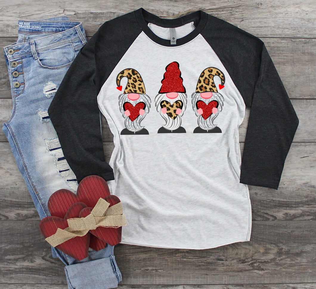 Glitter Gnomes with Leopard Print Hearts, Valentine's Day Raglan