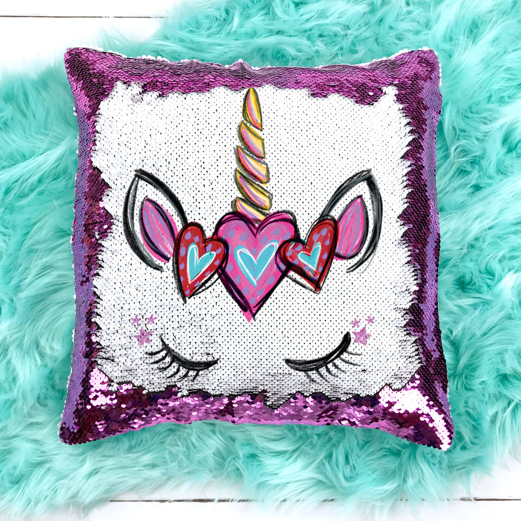 Valentine's Day Unicorn with Red Pink Purple Hearts Sequin Pillow Case
